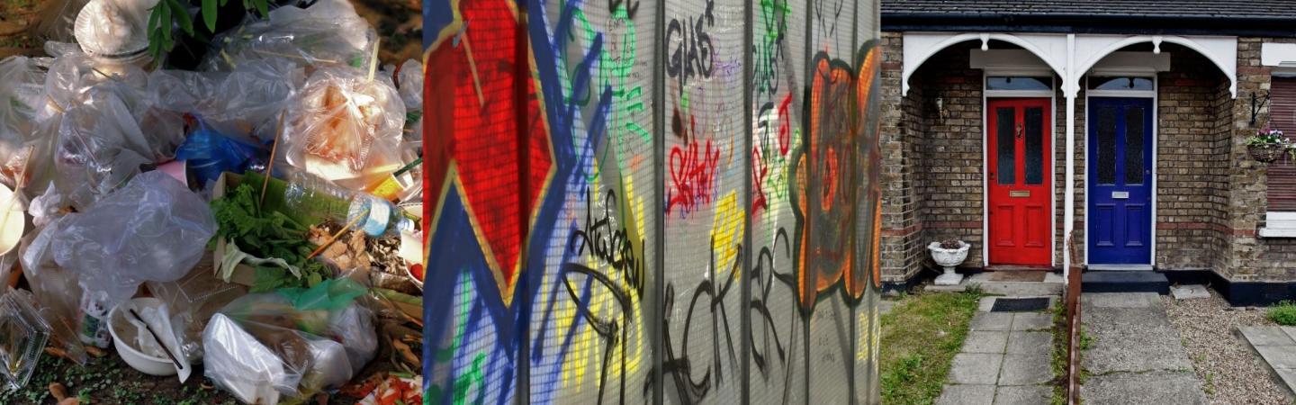 Image shows rubbish, graffiti and neighbouring doors